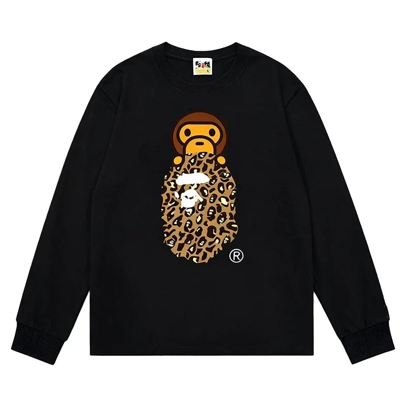 BAPE Style Baby Milo on Leopard Camo Ape Head Long-Sleeve Tee - Black/Leopard