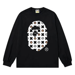 BAPE Style All-Over Cartoon Print Ape Head Long-Sleeve Tee - Black